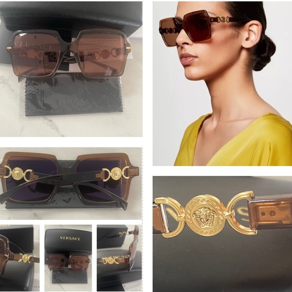 VERSACE LOGO MEDALLIONS FOR A SIGNATURE STATEMENT ON TRANSPARENT BROWN SUNNIES - Picture 15 of 16